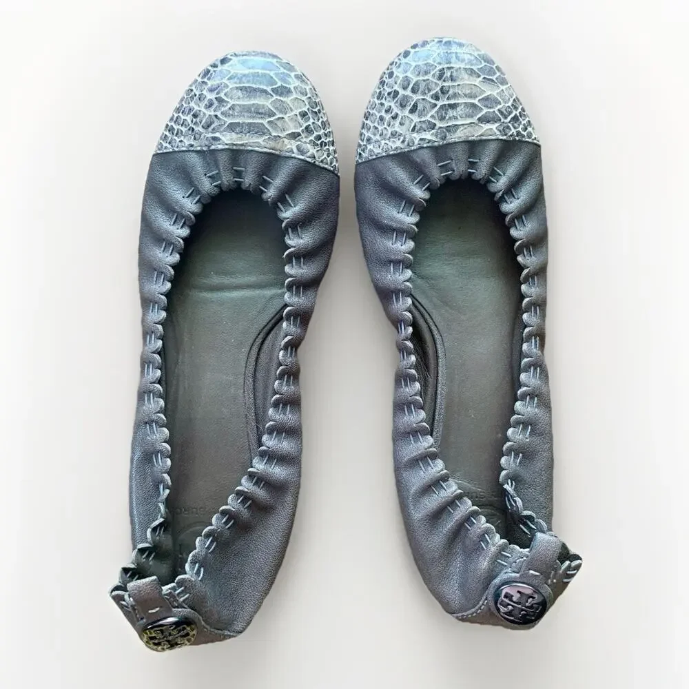 TORY BURCH Leather Snakeskin Ballet Flat Slip-On Shoe Grey Gunmetal Logo WMNS 9 - Picture 3 of 14